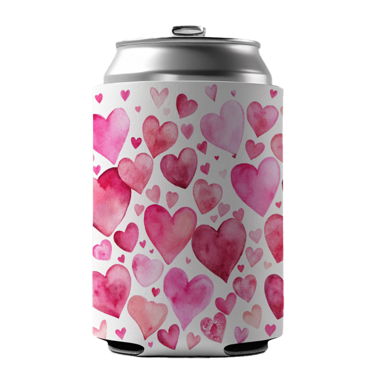 Pink Scattered Hearts Love Valentines Anniversary Watercolor Can Cooler Beer Soda Drink Insulated Holder Sleeve Hugger