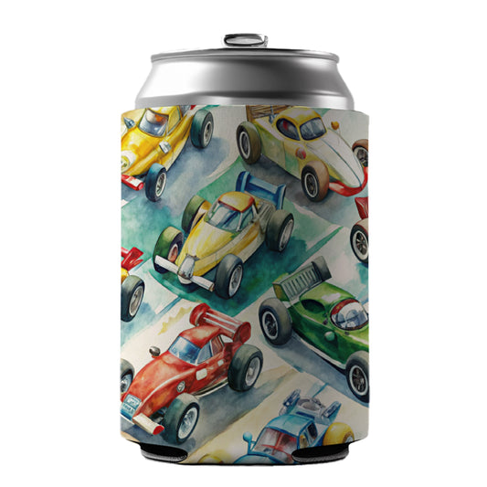 Race Cars Watercolor Can Cooler Beer Soda Drink Insulated Holder Sleeve Hugger