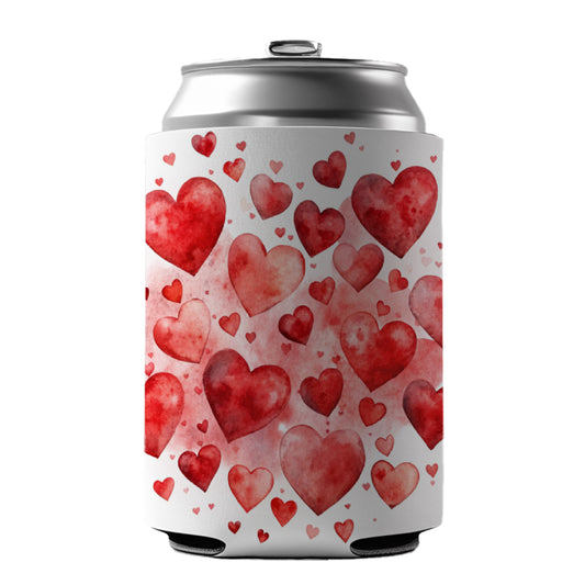 Red Scattered Hearts Love Anniversary Watercolor Can Cooler Beer Soda Drink Insulated Holder Sleeve Hugger