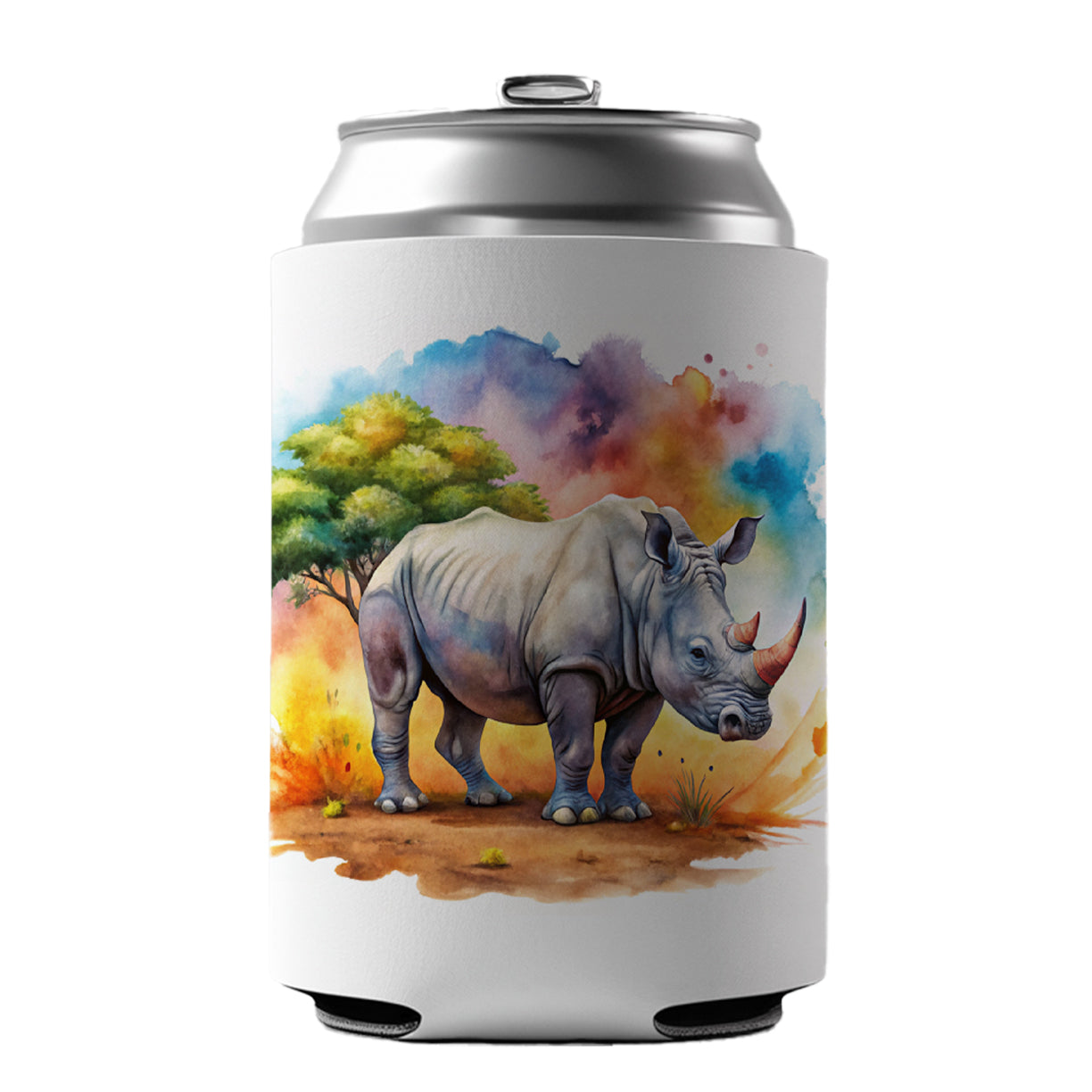 Rhinoceros African Plain Watercolor Design Can Cooler Beer Soda Drink Insulated Holder Sleeve Hugger