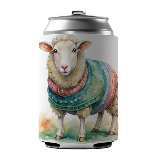 Sheep Wearing A Sweater Watercolor Can Cooler Beer Soda Drink Insulated Holder Sleeve Hugger