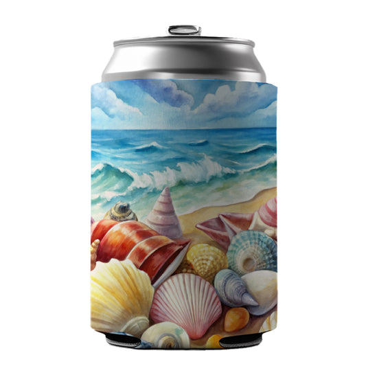 Shells Beach Watercolor Design Can Cooler Beer Soda Drink Insulated Holder Sleeve Hugger