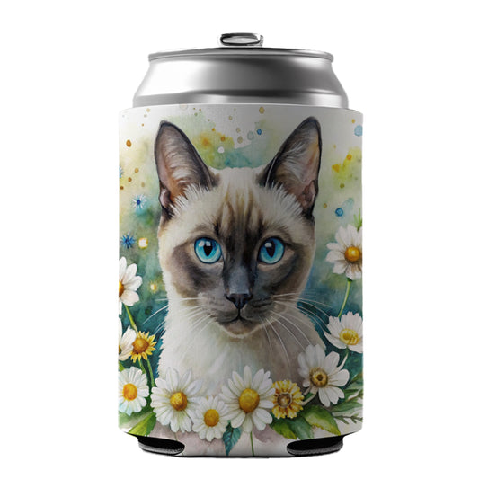 Siamese Cat Watercolor Design With Daisies Can Cooler Beer Soda Drink Insulated Holder Sleeve Hugger