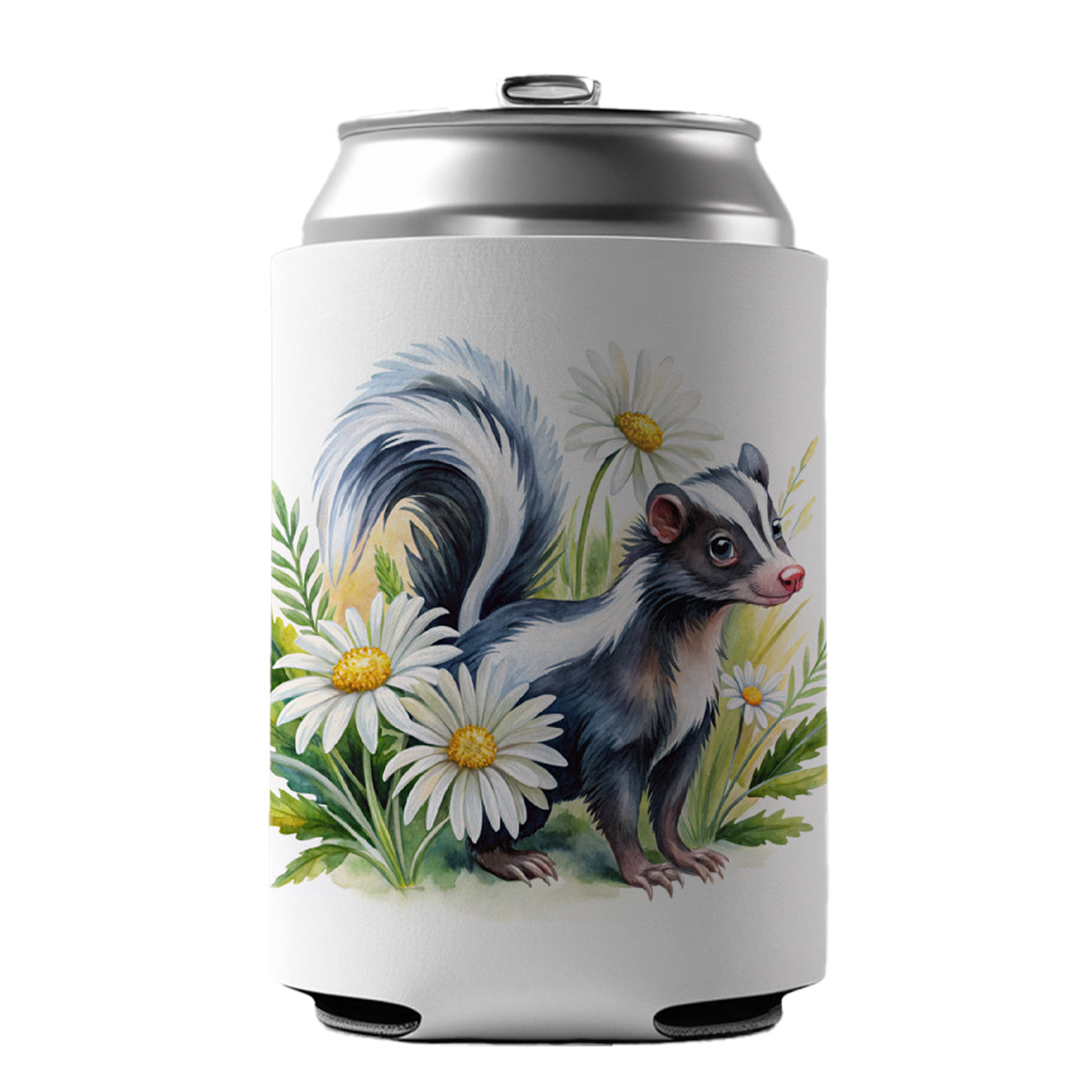 Skunk Watercolor Design With Daisies Can Cooler Beer Soda Drink Insulated Holder Sleeve Hugger