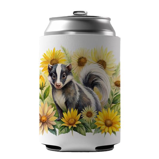 Skunk Watercolor Design With Sunflowers Can Cooler Beer Soda Drink Insulated Holder Sleeve Hugger