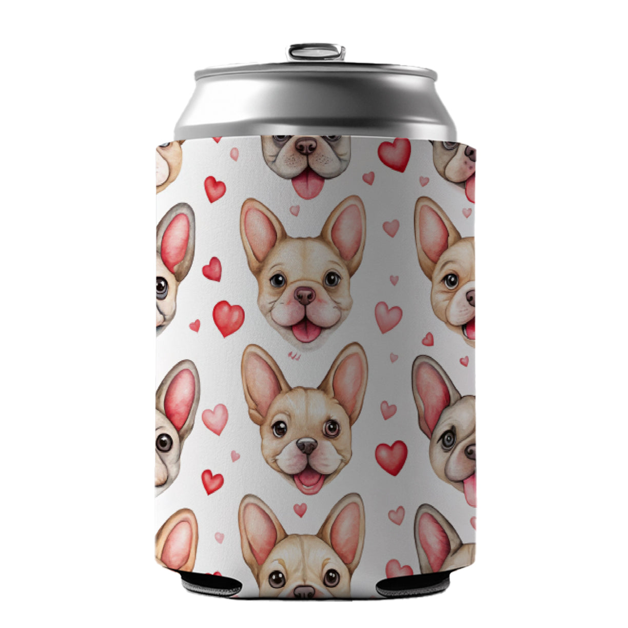 Smiling Cute French Bulldog Dog Faces Hearts Can Cooler Beer Soda Drink Insulated Holder Sleeve Hugger