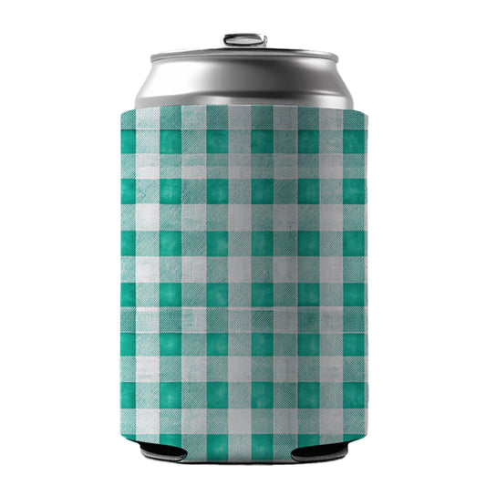 Teal White Gingham Watercolor Can Cooler Beer Soda Drink Insulated Holder Sleeve Hugger