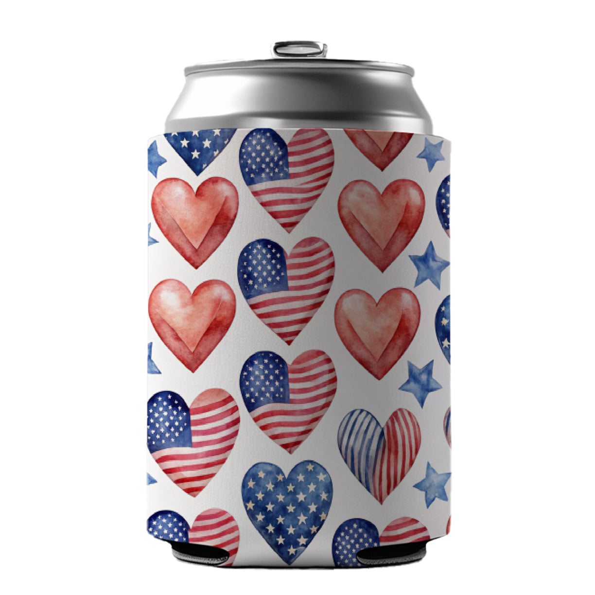 USA American Flags Hearts 4th of July Patriotic Watercolor Can Cooler Beer Soda Drink Insulated Holder Sleeve Hugger