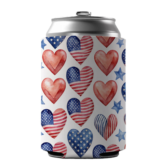 USA American Flags Hearts 4th of July Patriotic Watercolor Can Cooler Beer Soda Drink Insulated Holder Sleeve Hugger
