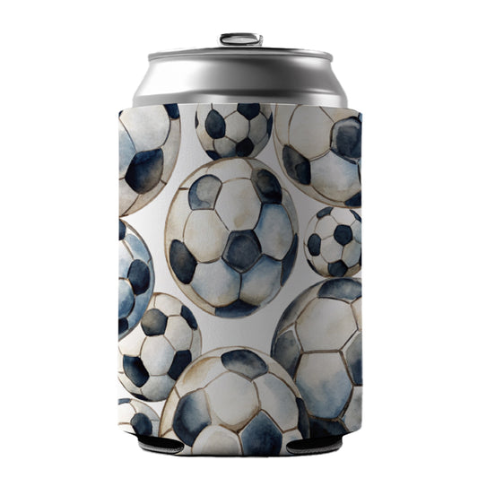 White Black Soccer Balls Watercolor Can Cooler Beer Soda Drink Insulated Holder Sleeve Hugger