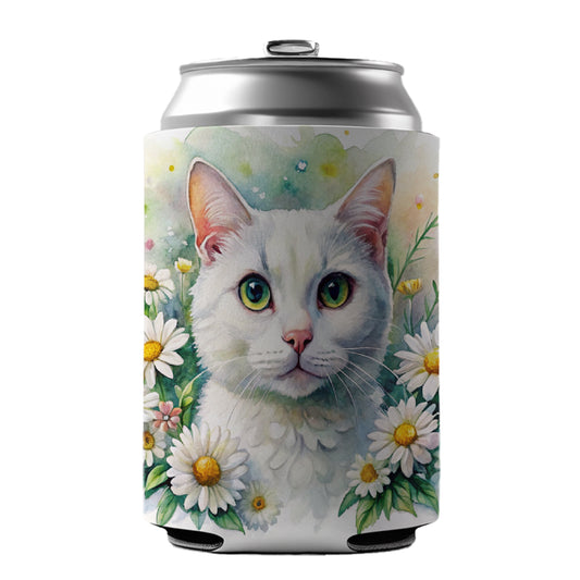 White Cat Watercolor Design With Daisies Can Cooler Beer Soda Drink Insulated Holder Sleeve Hugger