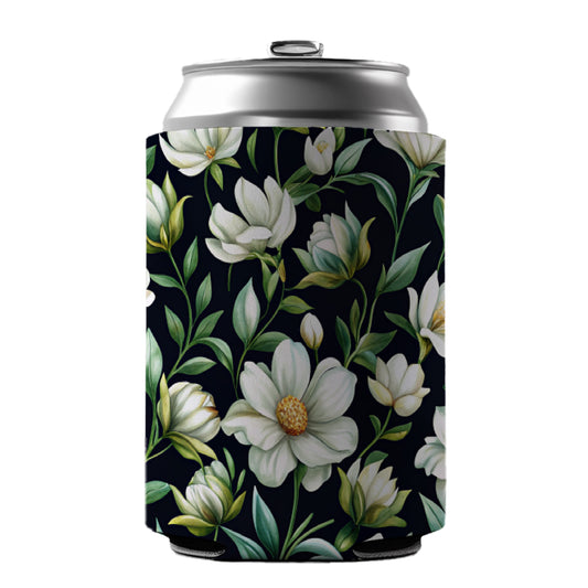 White Flowers Black Background Can Cooler Beer Soda Drink Insulated Holder Sleeve Hugger