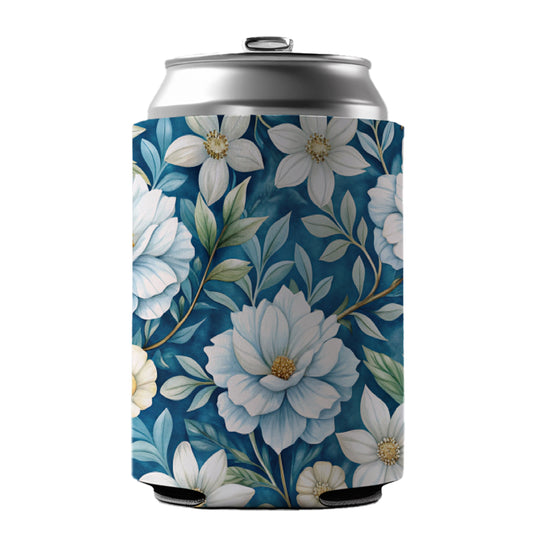 White Flowers Blue Background Can Cooler Beer Soda Drink Insulated Holder Sleeve Hugger