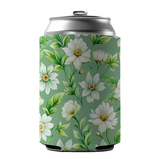 White Flowers Green Background Can Cooler Beer Soda Drink Insulated Holder Sleeve Hugger