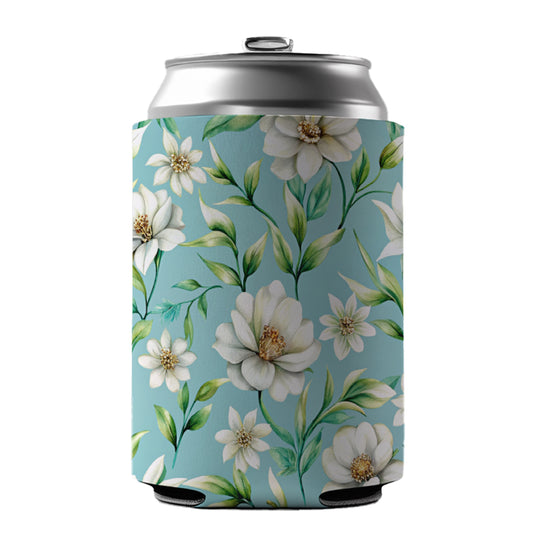 White Flowers Light Blue Background Can Cooler Beer Soda Drink Insulated Holder Sleeve Hugger