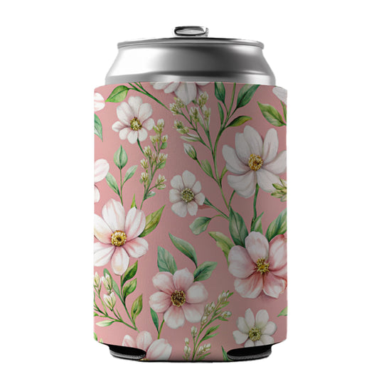 White Flowers Pink Background Can Cooler Beer Soda Drink Insulated Holder Sleeve Hugger