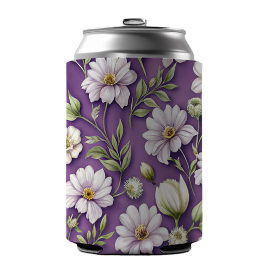White Flowers Purple Background Can Cooler Beer Soda Drink Insulated Holder Sleeve Hugger