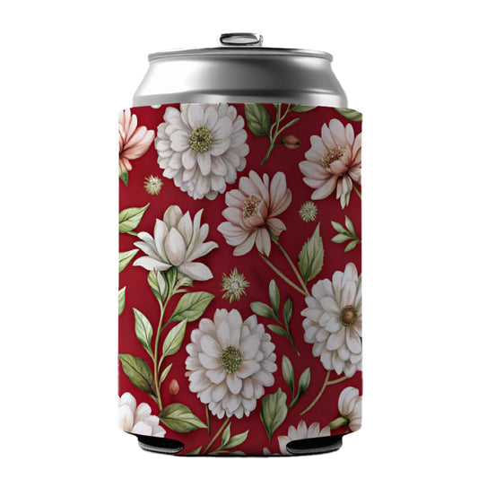 White Flowers Red Background Can Cooler Beer Soda Drink Insulated Holder Sleeve Hugger