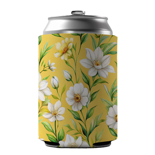 White Flowers Yellow Background Can Cooler Beer Soda Drink Insulated Holder Sleeve Hugger
