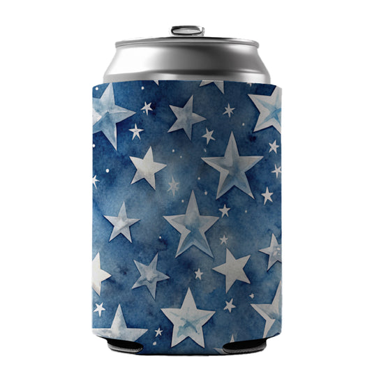 White Stars Blue Background Watercolor Can Cooler Beer Soda Drink Insulated Holder Sleeve Hugger