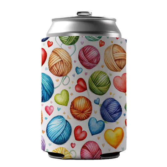 Yarn Knitting Crochet Balls Hearts Watercolor Can Cooler Beer Soda Drink Insulated Holder Sleeve Hugger