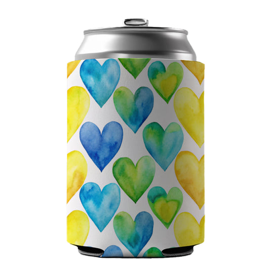 Yellow Blue Green Hearts Watercolor Can Cooler Beer Soda Drink Insulated Holder Sleeve Hugger