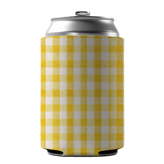 Yellow White Gingham Watercolor Can Cooler Beer Soda Drink Insulated Holder Sleeve Hugger