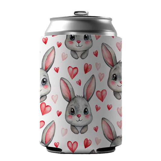 Adorable Gray Bunnies And Hearts Can Cooler Beer Soda Drink Insulated Holder Sleeve Hugger