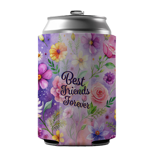 Best Friends Forever Flowers Purple Background Can Cooler Beer Soda Drink Insulated Holder Sleeve Hugger