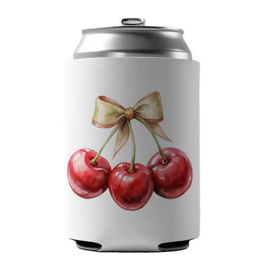 Bow Tied Around Cherries Coquette Can Cooler Beer Soda Drink Insulated Holder Sleeve Hugger
