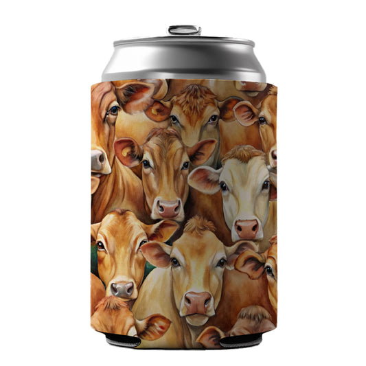 Bunch Of Brown Cow Faces Can Cooler Beer Soda Drink Insulated Holder Sleeve Hugger