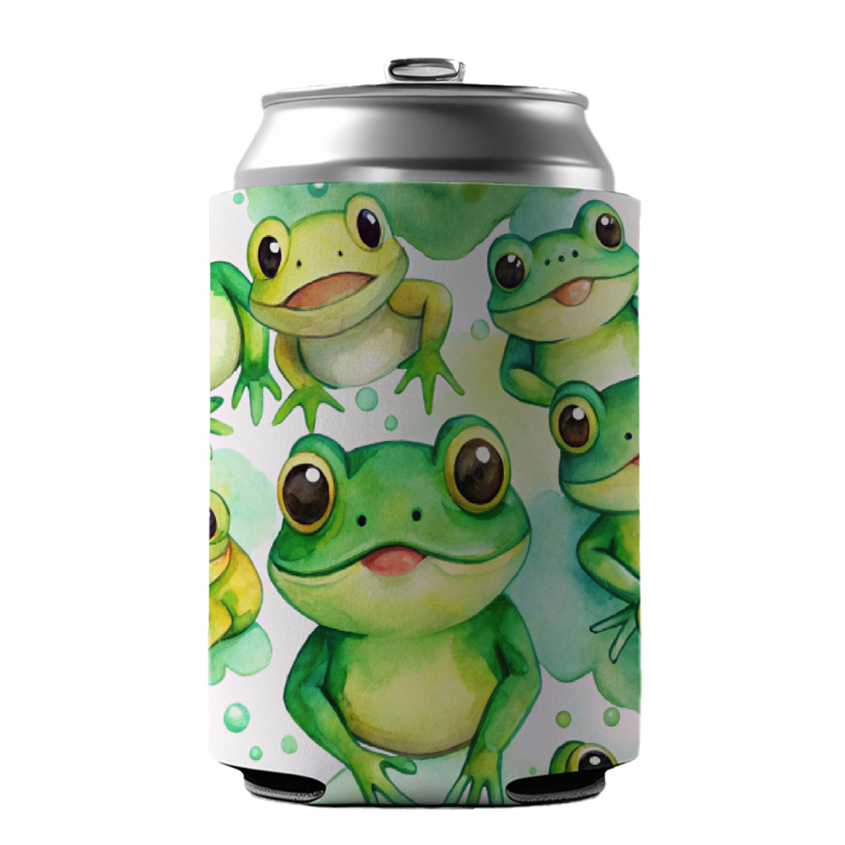 Bunch Of Cute Green Frogs Watercolor Can Cooler Beer Soda Drink Insulated Holder Sleeve Hugger