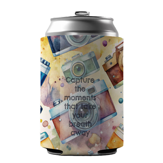 Capture Moments Take Breath Away Cameras Photography Inspirational Can Cooler Beer Soda Drink Insulated Holder Sleeve Hugger