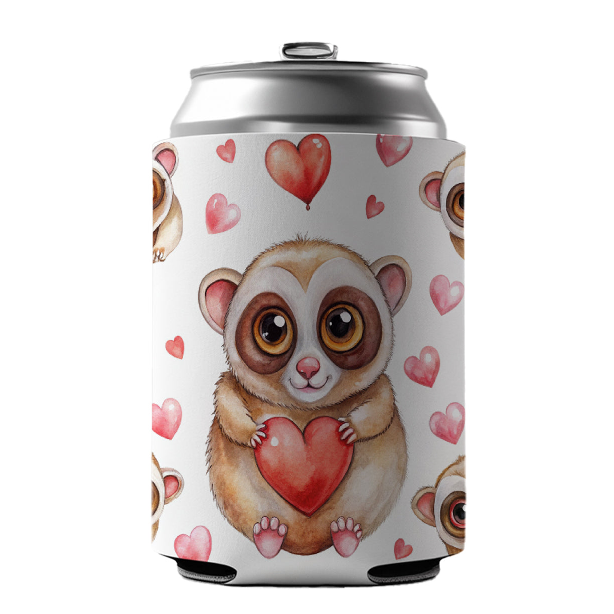Chibi Slow Loris And Hearts Watercolor Can Cooler Beer Soda Drink Insulated Holder Sleeve Hugger