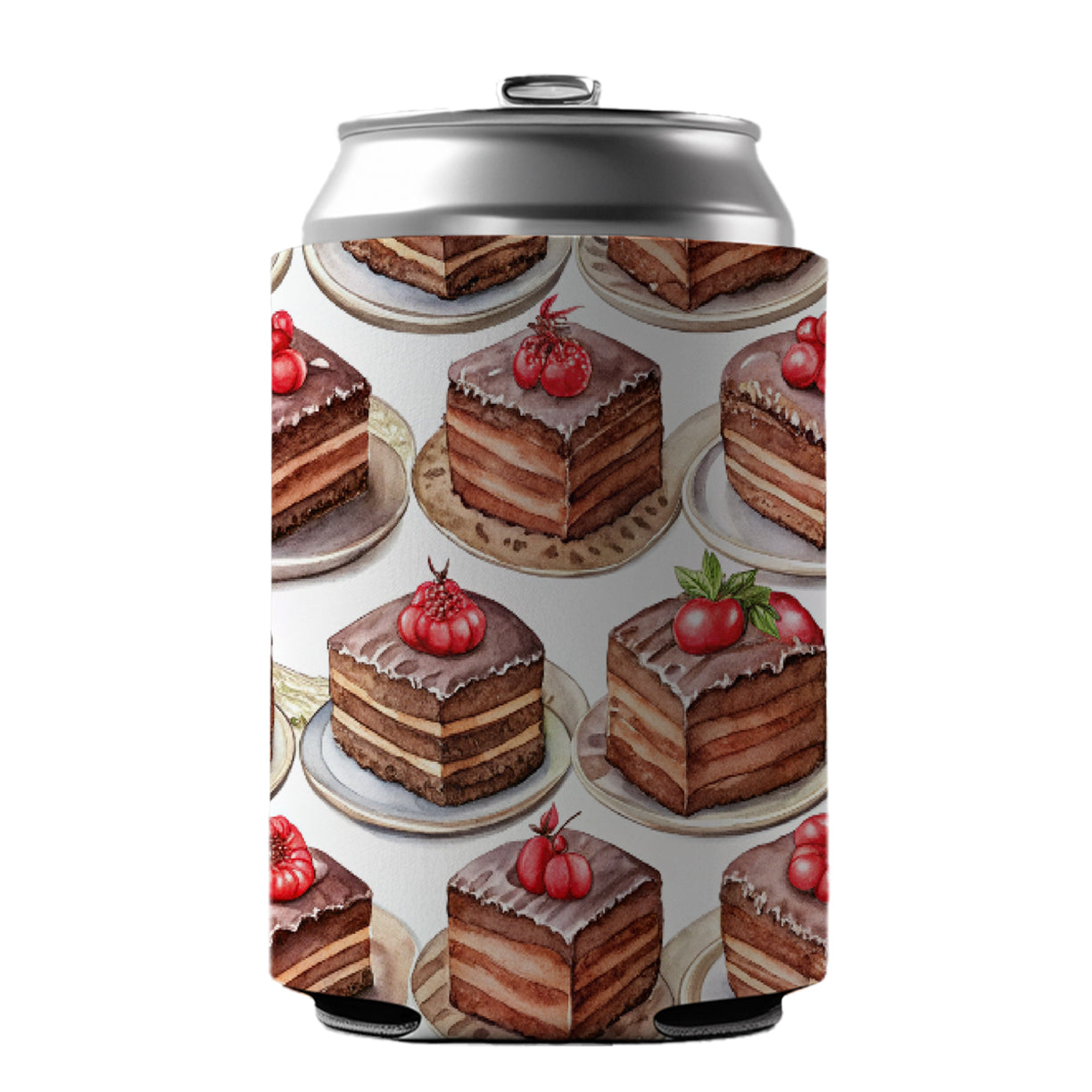 Chocolate Cake On Plates Can Cooler Beer Soda Drink Insulated Holder Sleeve Hugger