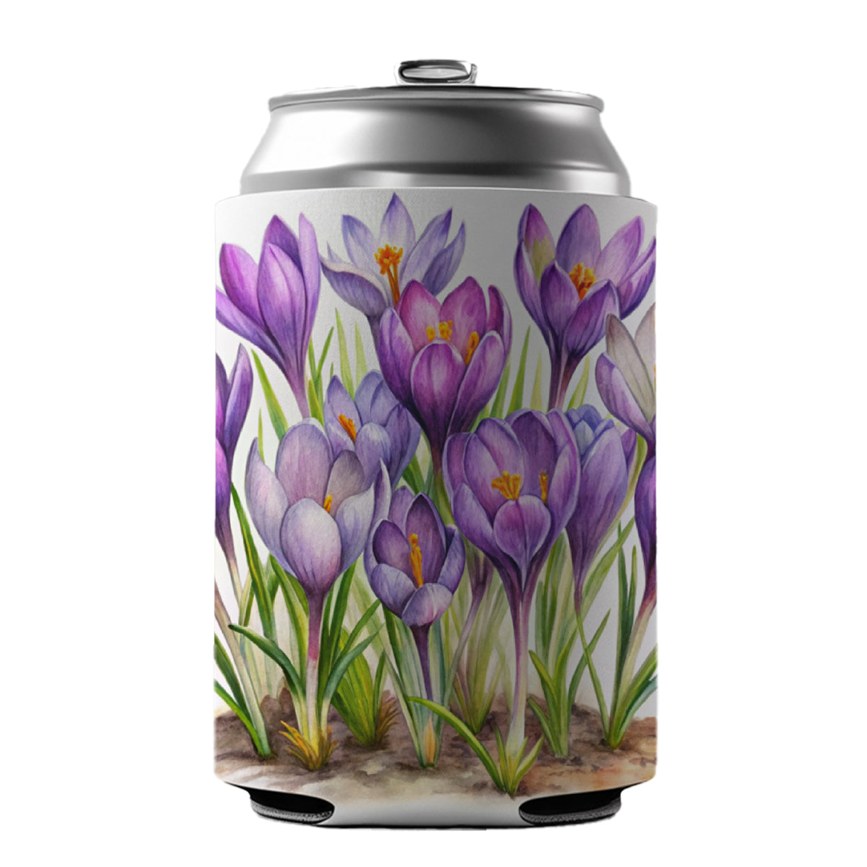 Crocus Purple Flowers Watercolor Can Cooler Beer Soda Drink Insulated Holder Sleeve Hugger