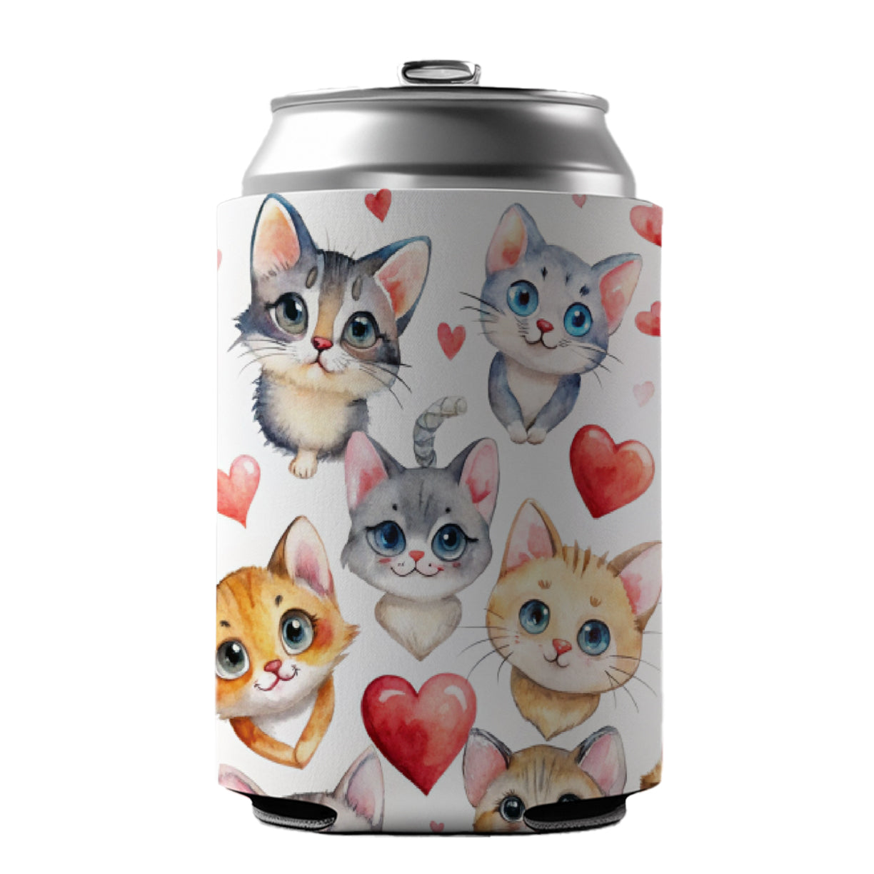 Cute Fun Cats Hearts Watercolor Can Cooler Beer Soda Drink Insulated Holder Sleeve Hugger