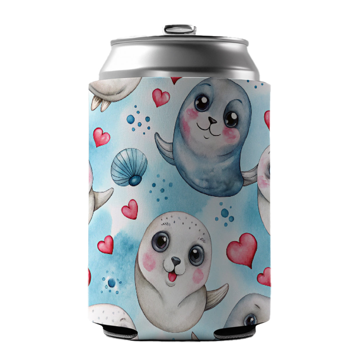 Cute Harp Seals And Hearts Watercolor Can Cooler Beer Soda Drink Insulated Holder Sleeve Hugger