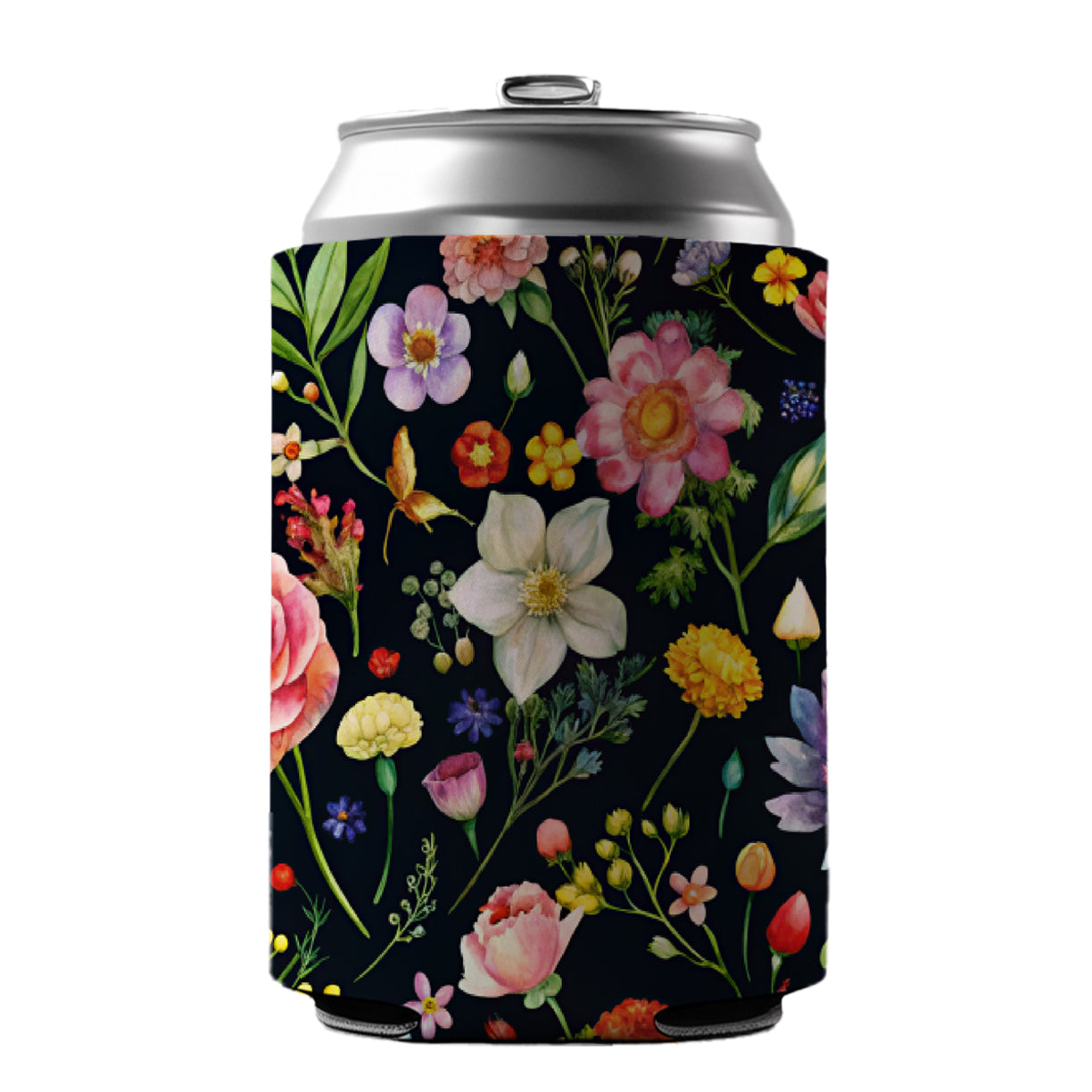 Flowers Black Background Watercolor Can Cooler Beer Soda Drink Insulated Holder Sleeve Hugger