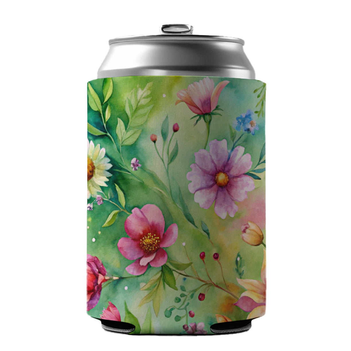 Flowers Green Background Watercolor Can Cooler Beer Soda Drink Insulated Holder Sleeve Hugger