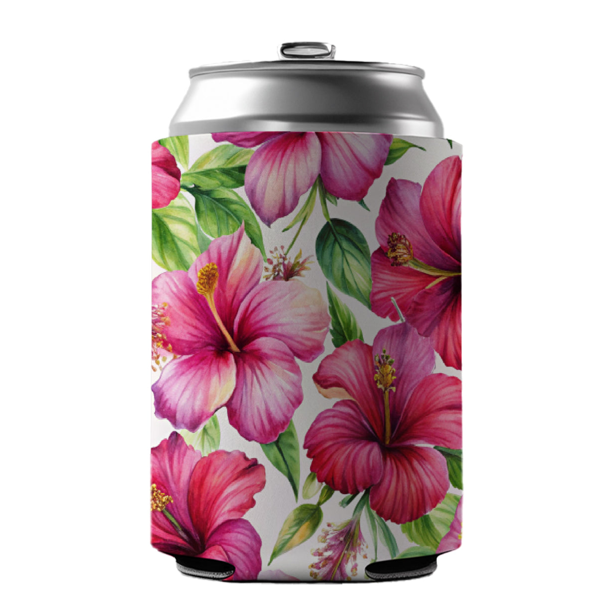 Fuchsia Hibiscus Flowers Watercolor Can Cooler Beer Soda Drink Insulated Holder Sleeve Hugger