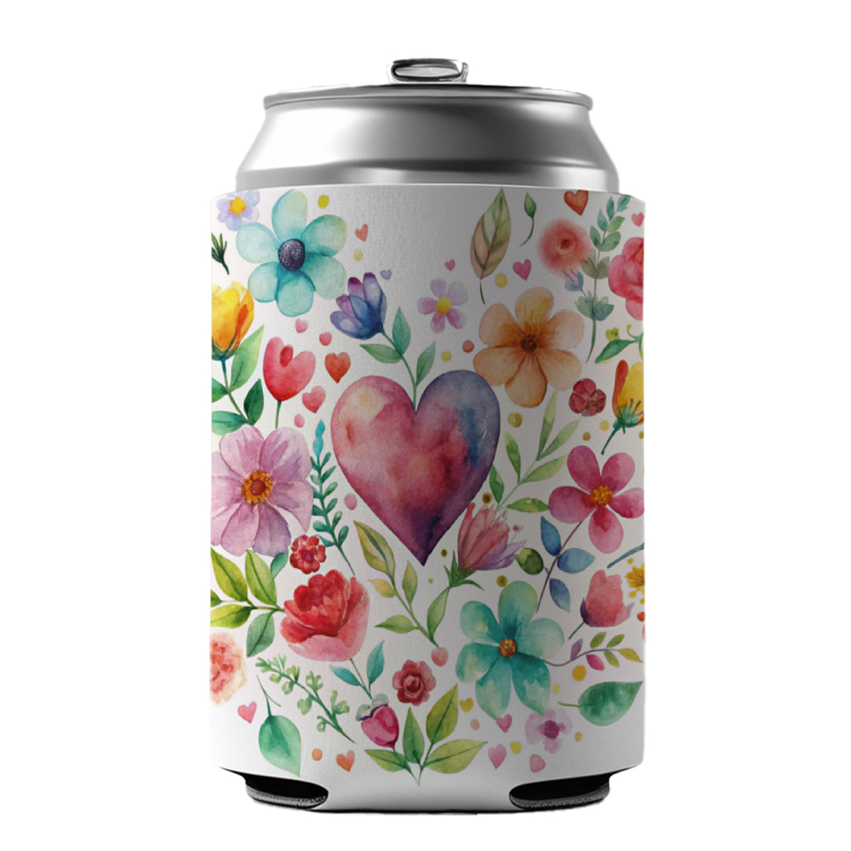 Hearts Flowers Watercolor Can Cooler Beer Soda Drink Insulated Holder Sleeve Hugger