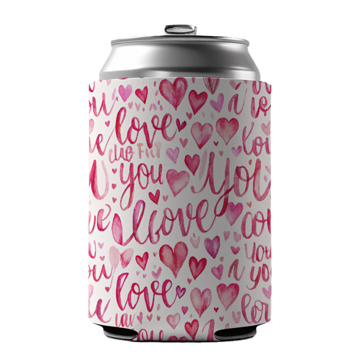 I Love You Script Pink Can Cooler Beer Soda Drink Insulated Holder Sleeve Hugger