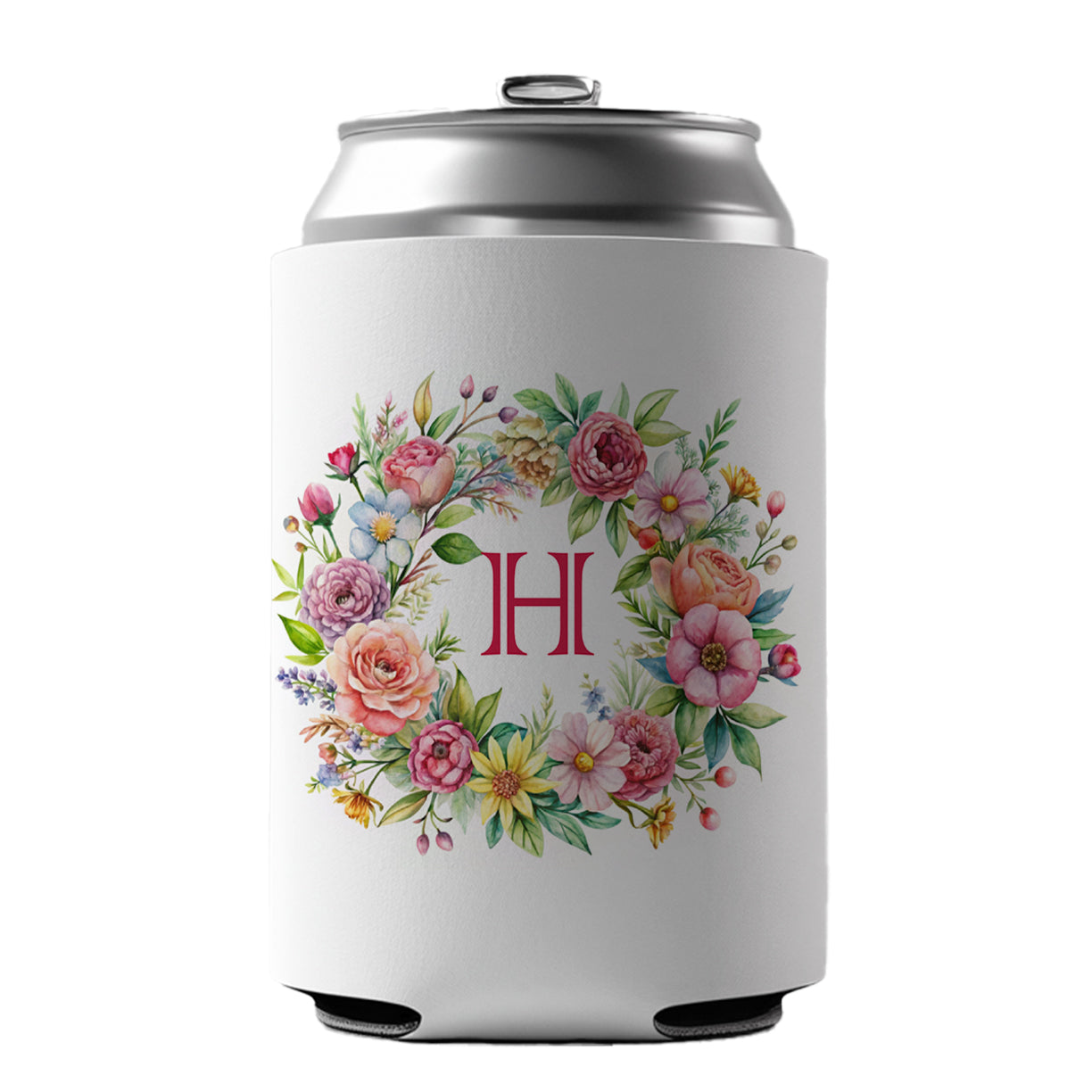 Letter H Initial Monogram Flowers Floral Can Cooler Beer Soda Drink Insulated Holder Sleeve Hugger