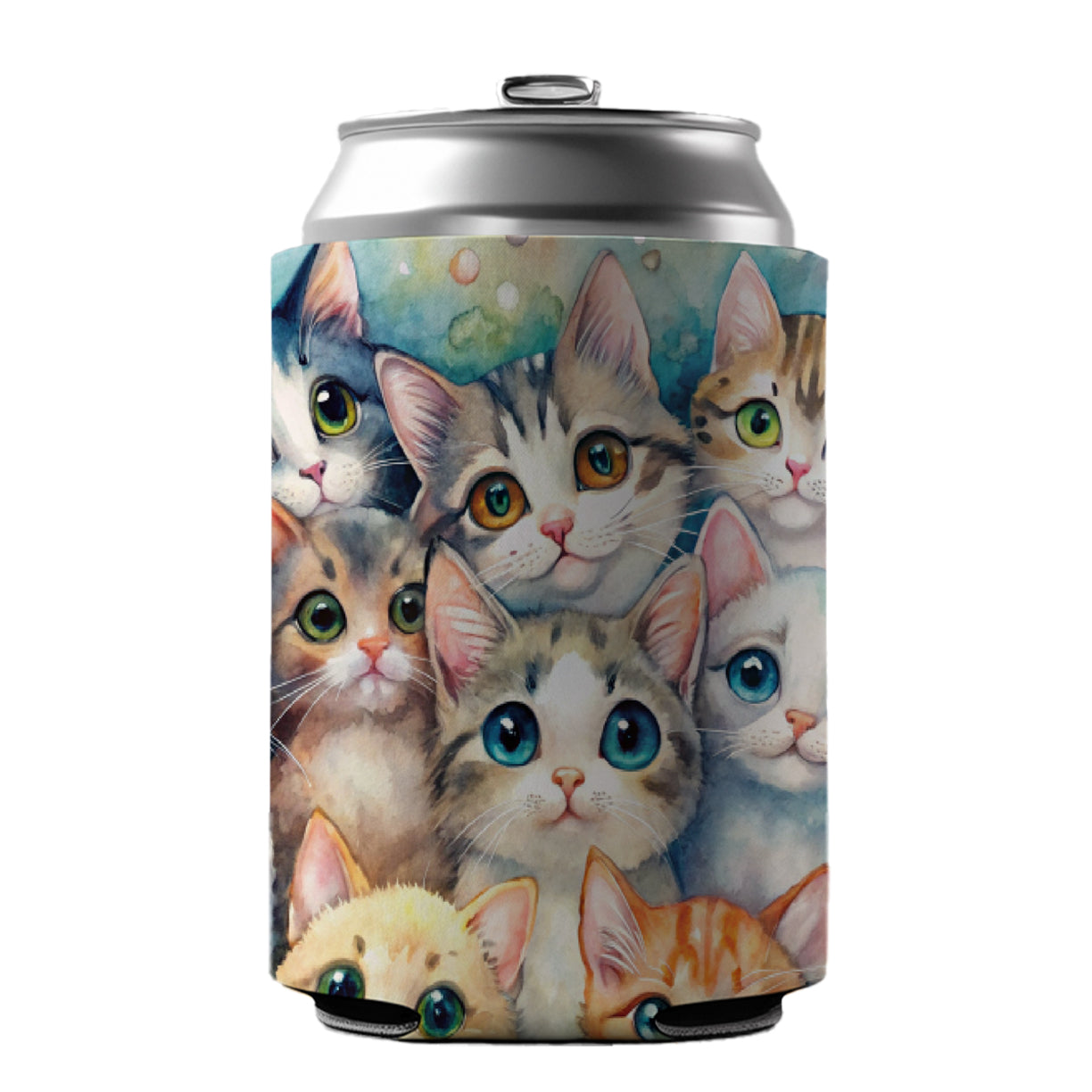 Lots Of Adorable Cats Watercolor Can Cooler Beer Soda Drink Insulated Holder Sleeve Hugger