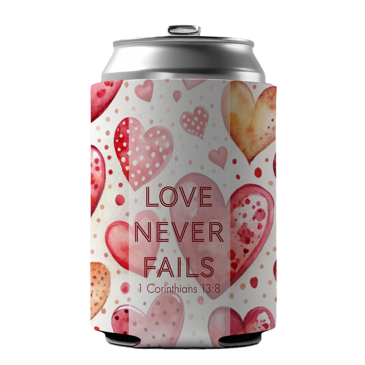 Love Never Fails Corinthians Red Hearts Christian Inspirational Can Cooler Beer Soda Drink Insulated Holder Sleeve Hugger