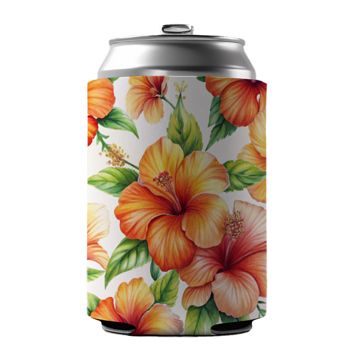 Orange Hibiscus Flowers Watercolor Can Cooler Beer Soda Drink Insulated Holder Sleeve Hugger