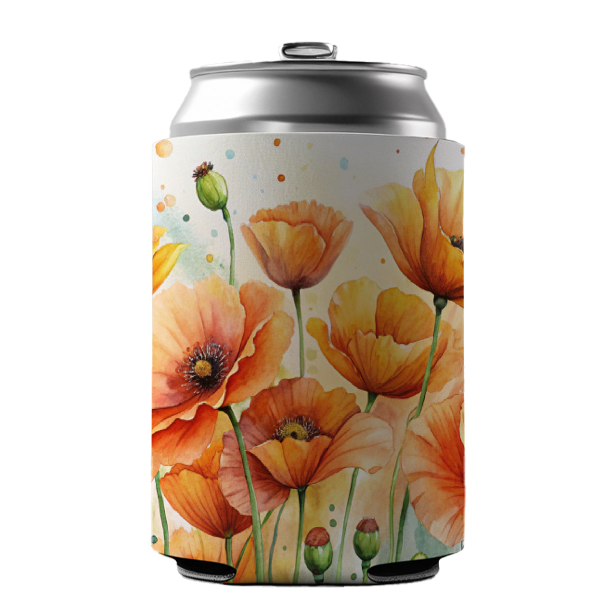 Orange Poppies Flowers Watercolor Can Cooler Beer Soda Drink Insulated Holder Sleeve Hugger