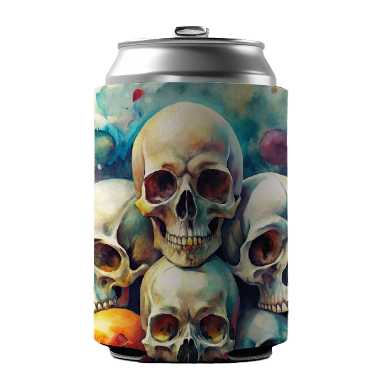 Overlapping Skulls Watercolor Can Cooler Beer Soda Drink Insulated Holder Sleeve Hugger