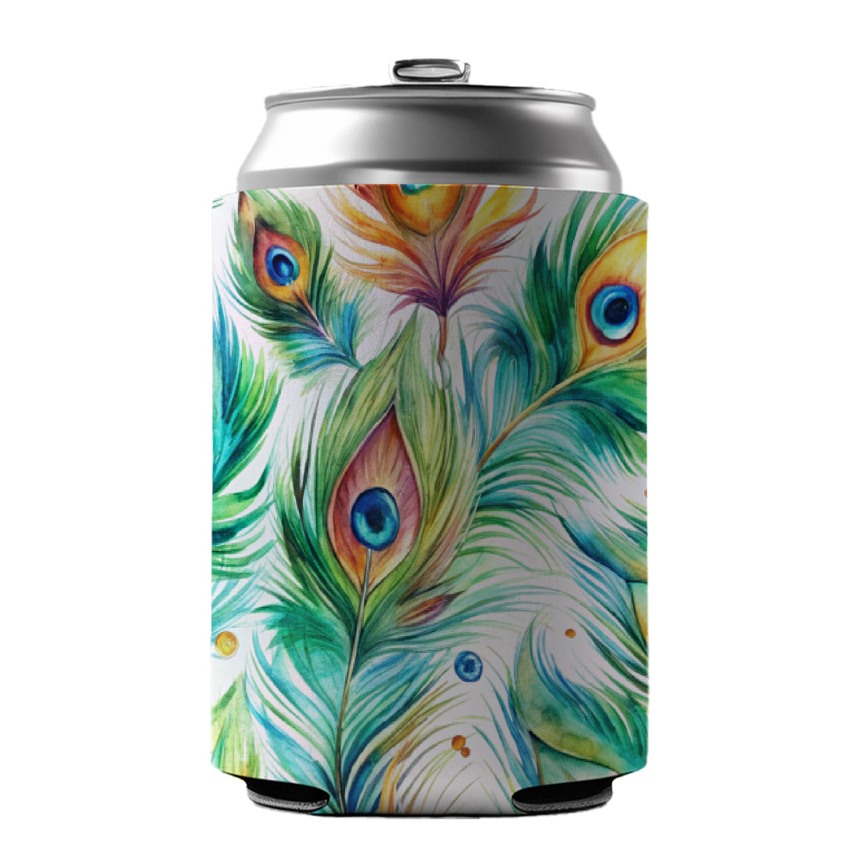 Peacock Feathers Watercolor Can Cooler Beer Soda Drink Insulated Holder Sleeve Hugger